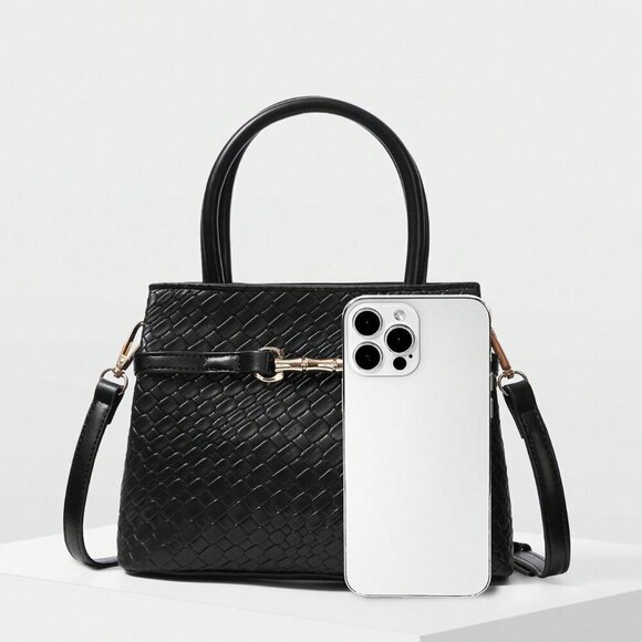 Black Elegant Women's Premium Textured Metallic Buckle Accented Handbag - Picture 3 of 7